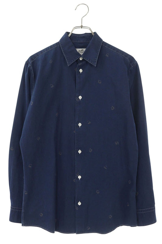 HERMES Cotton All-Over Print Long Sleeve Shirt Navy Size XXL