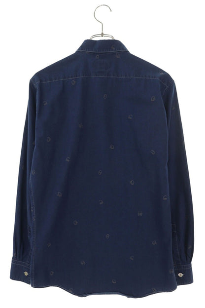 HERMES Cotton All-Over Print Long Sleeve Shirt Navy Size XXL