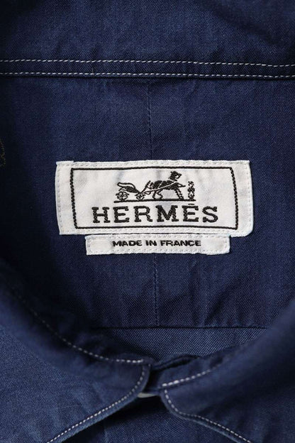 HERMES Cotton All-Over Print Long Sleeve Shirt Navy Size XXL