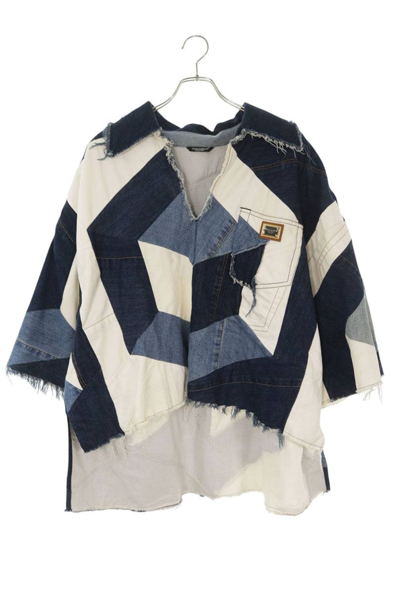 DOLCE & GABBANA Patchwork Denim Long Sleeve Shirt Indigo Size XXL