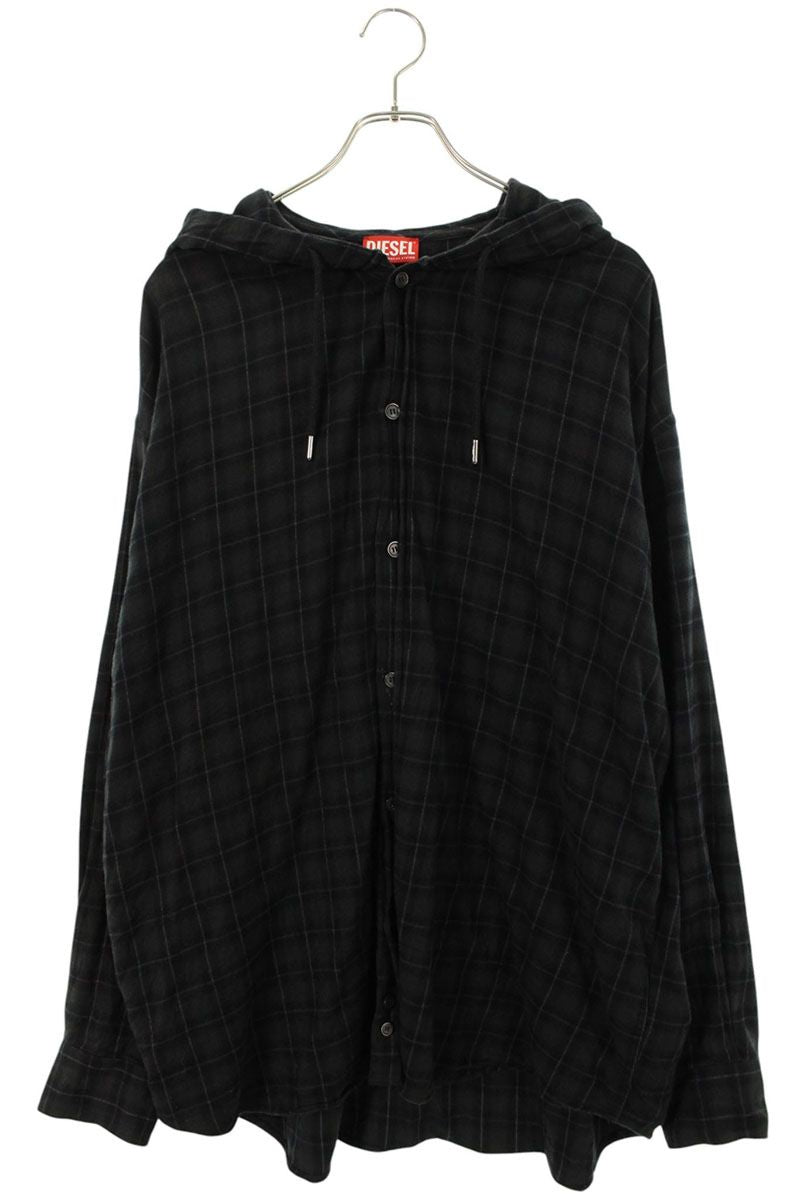 DIESEL Check Hooded Long Sleeve Shirt Dark Gray Size S