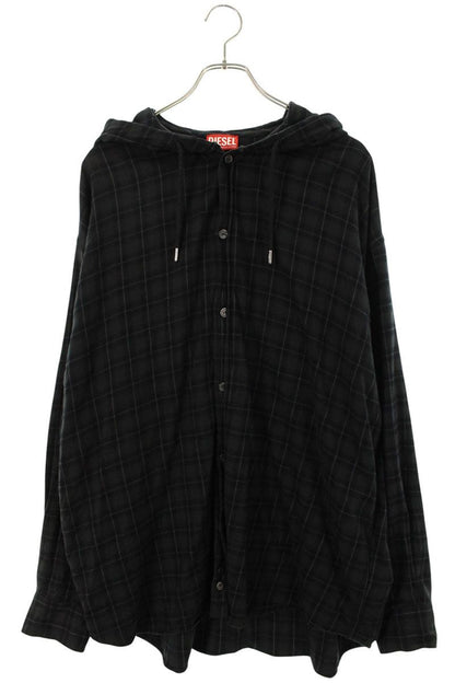 DIESEL Check Hooded Long Sleeve Shirt Dark Gray Size S