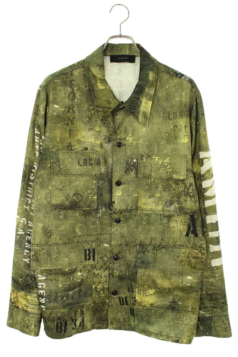AMIRI Army Stencil Rayon Long Sleeve Shirt Olive Size L