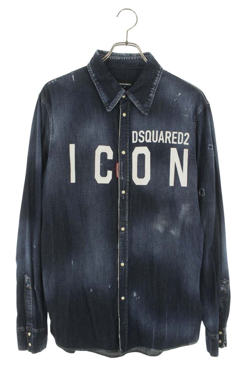 DSQUARED Logo Print Denim Long Sleeve Shirt Blue Size XL