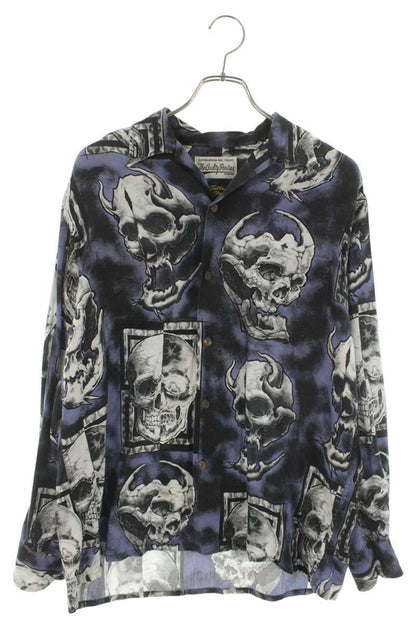 WACKO MARIA Hawaiian Skull Lyocell Long Sleeve Shirt Blue Size M