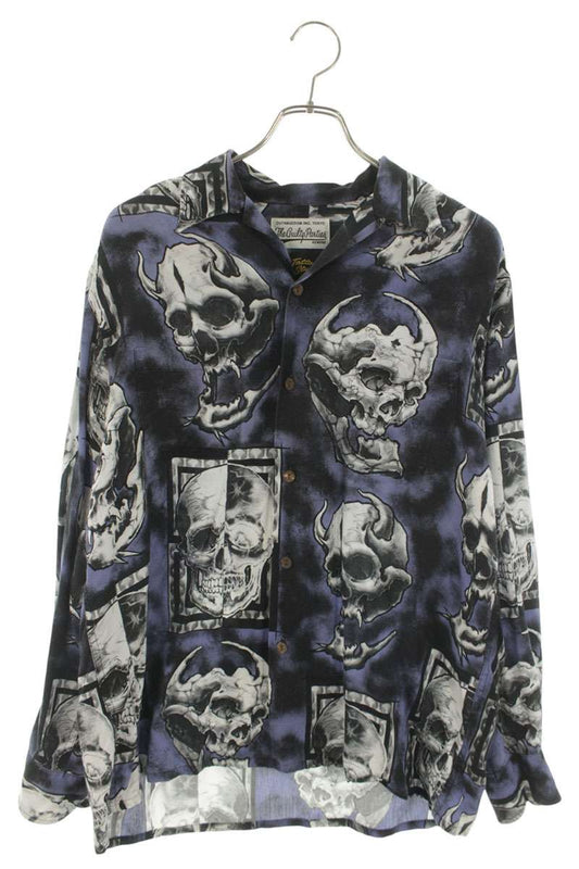 WACKO MARIA Hawaiian Skull Lyocell Long Sleeve Shirt Blue Size M