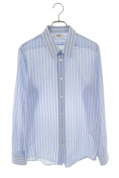 CELINE Blue Stripe Sheer Cotton Long Sleeve Shirt Size XXL
