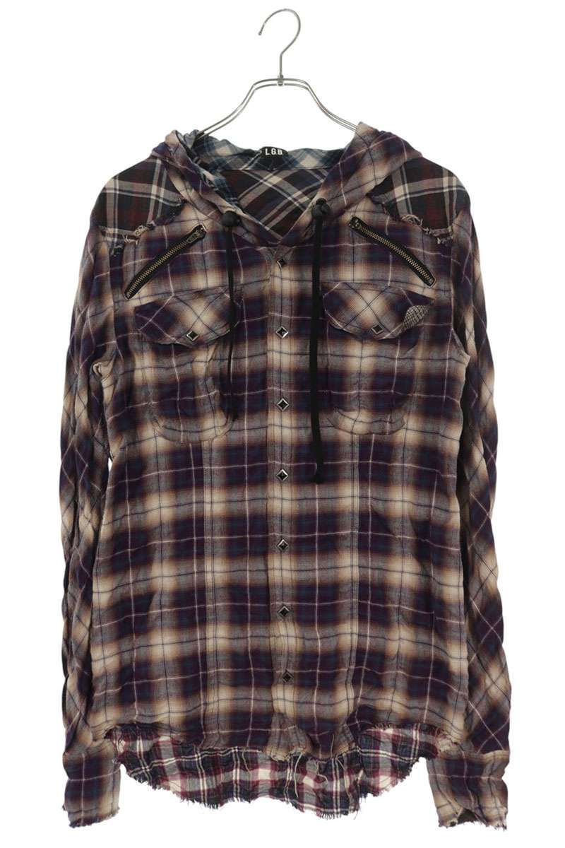 L.G.B. Cut-Off Hooded Check Long Sleeve Shirt Purple Size S