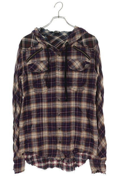 L.G.B. Cut-Off Hooded Check Long Sleeve Shirt Purple Size S