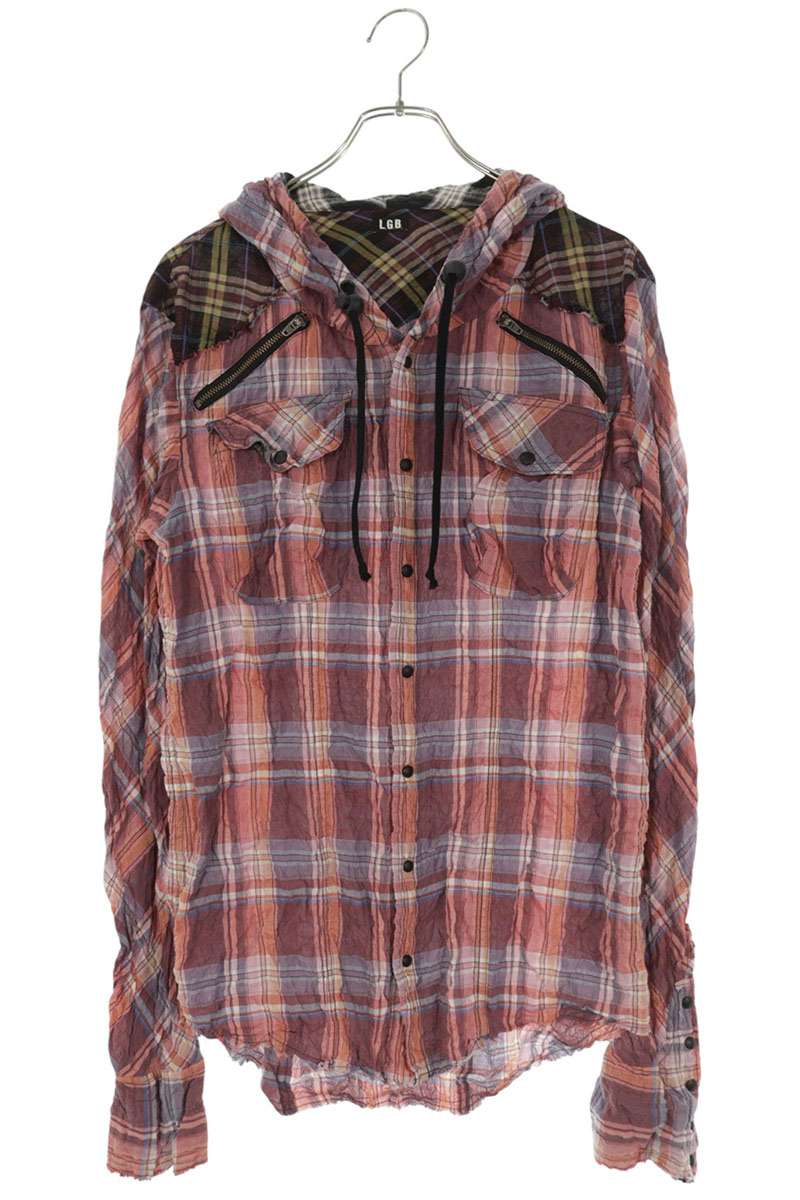 L.G.B. Cut-Off Wrinkled Hooded Check Long Sleeve Shirt Size S