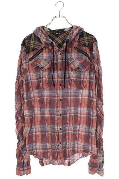 L.G.B. Cut-Off Wrinkled Hooded Check Long Sleeve Shirt Size S