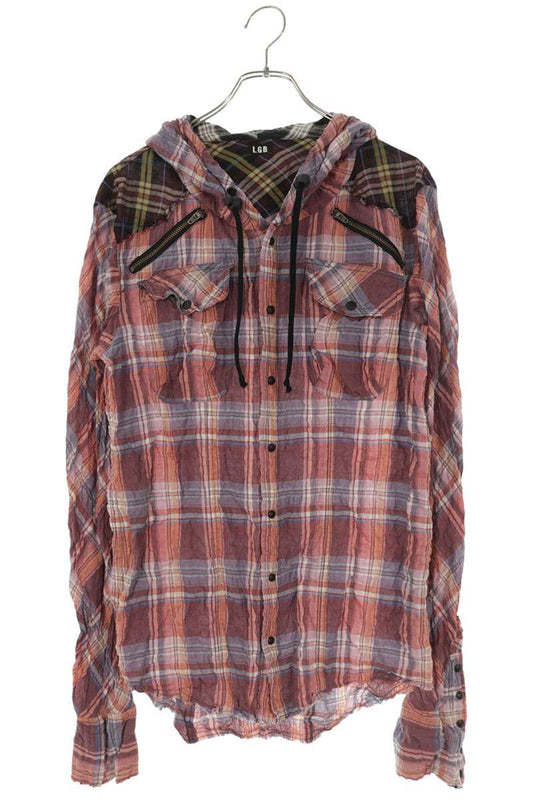 L.G.B. Cut-Off Wrinkled Hooded Check Long Sleeve Shirt Size S