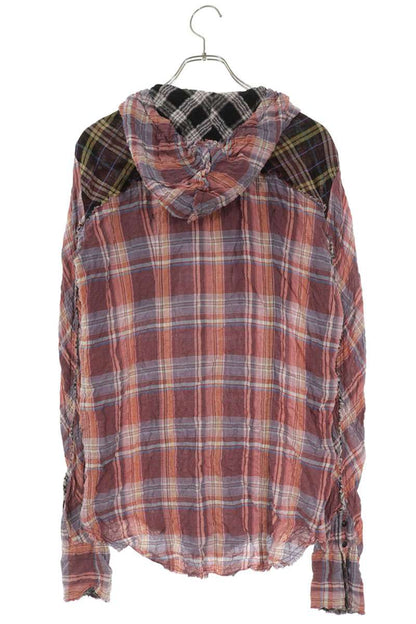L.G.B. Cut-Off Wrinkled Hooded Check Long Sleeve Shirt Size S