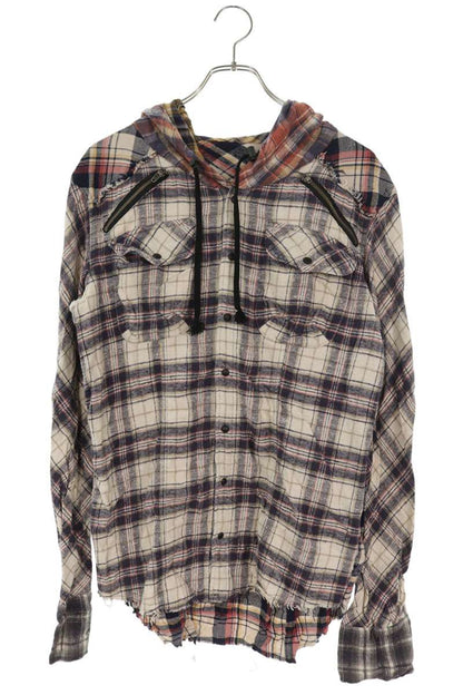 L.G.B. Cut-Off Hooded Flannel Check Long Sleeve Shirt Size S