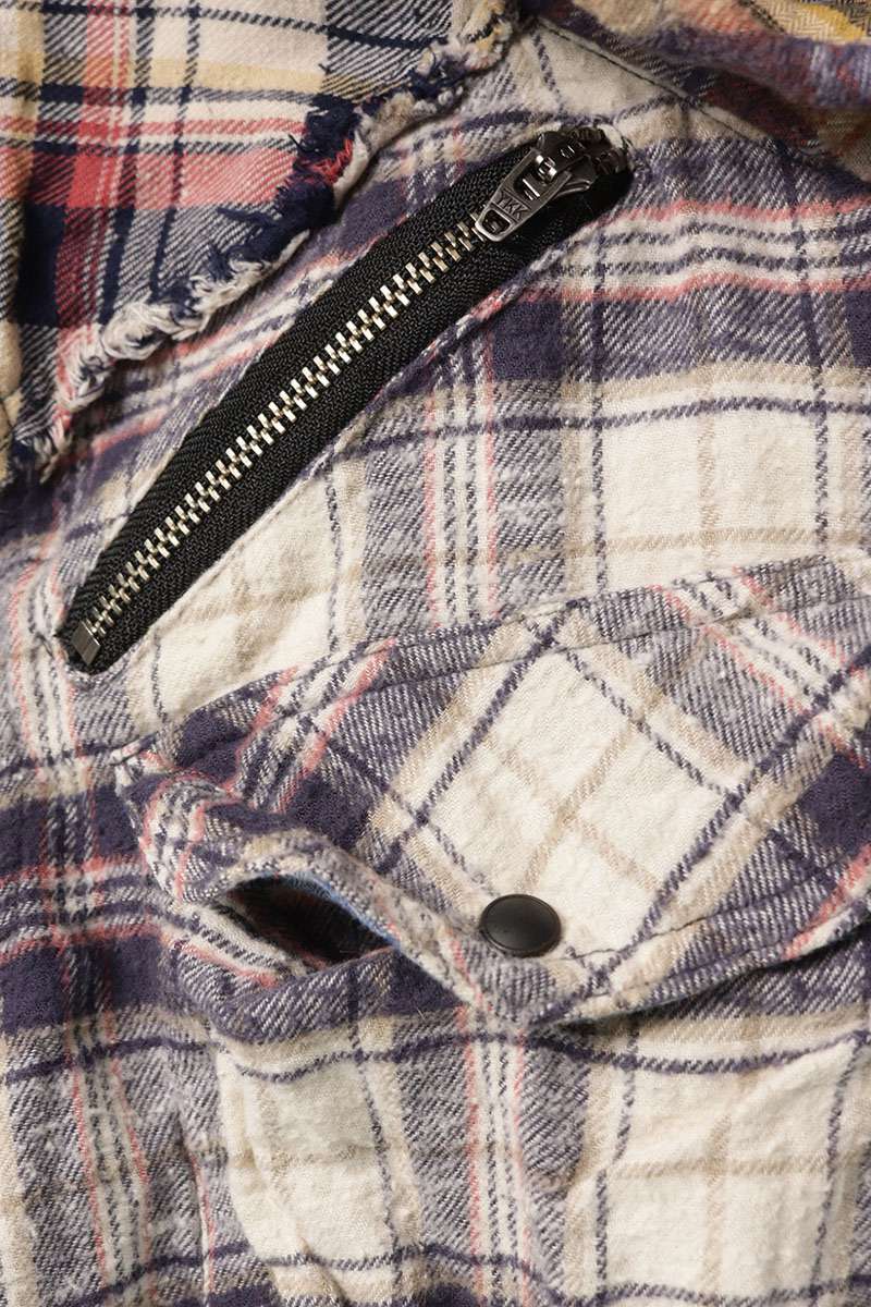 L.G.B. Cut-Off Hooded Flannel Check Long Sleeve Shirt Size S