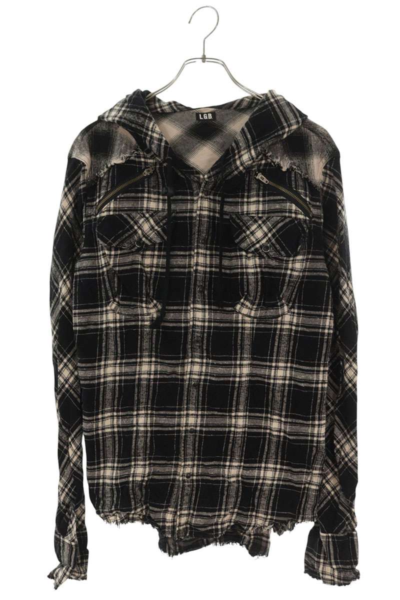 L.G.B. Black Cut-Off Hooded Flannel Check Long Sleeve Shirt Size S