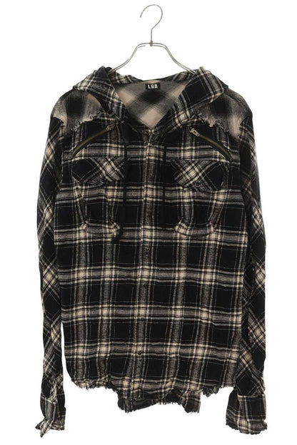 L.G.B. Black Cut-Off Hooded Flannel Check Long Sleeve Shirt Size S