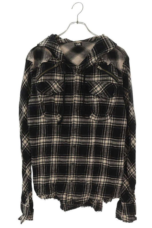 L.G.B. Black Cut-Off Hooded Flannel Check Long Sleeve Shirt Size S
