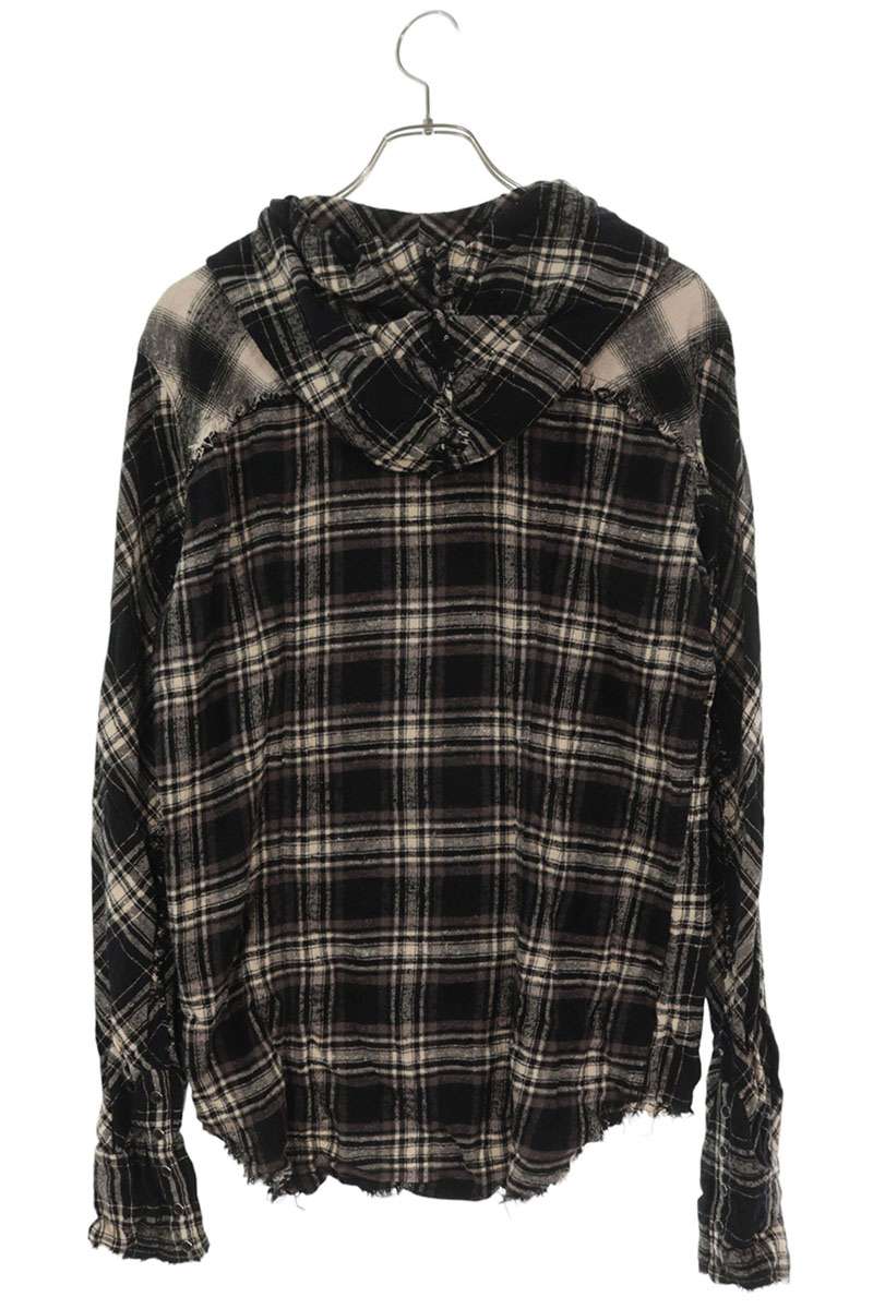 L.G.B. Black Cut-Off Hooded Flannel Check Long Sleeve Shirt Size S