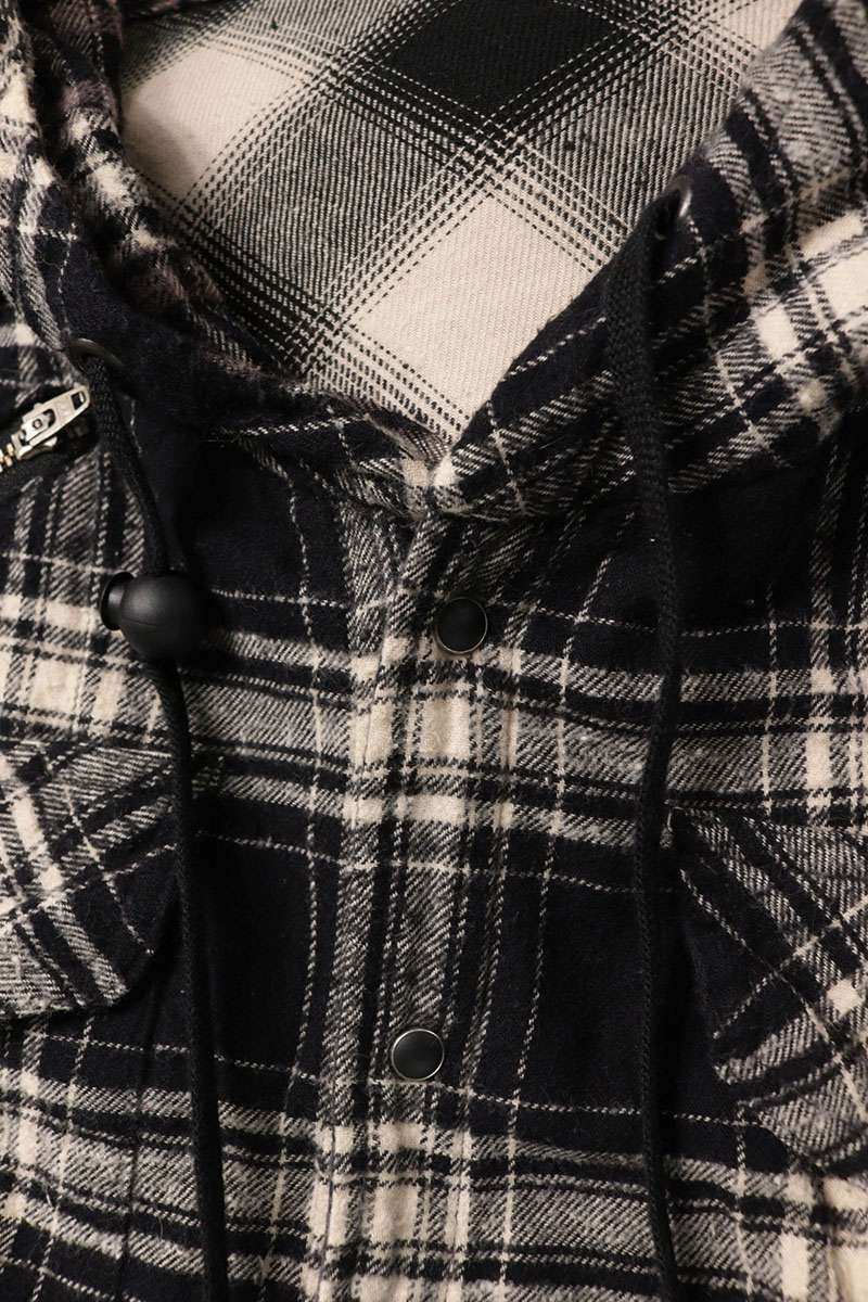 L.G.B. Black Cut-Off Hooded Flannel Check Long Sleeve Shirt Size S