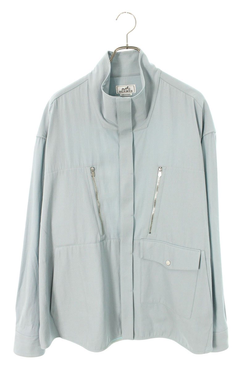 HERMES Zip Detail Wool Blend Long Sleeve Shirt Light Blue Size S