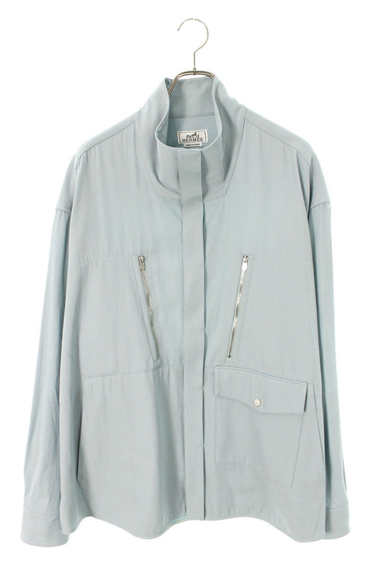 HERMES Zip Detail Wool Blend Long Sleeve Shirt Light Blue Size S