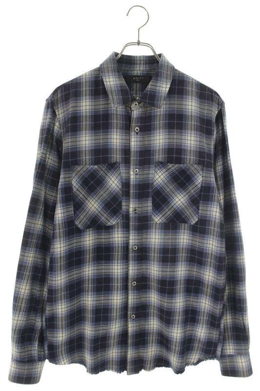 AMIRI Cut-Off Check Cotton Long Sleeve Shirt Blue Size S