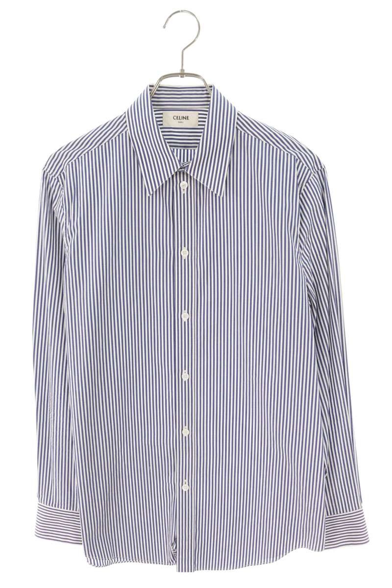 CELINE Cotton Stripe Long Sleeve Shirt Blue/White Size XXL