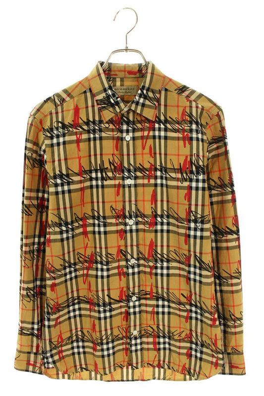 Burberry Scribble Check Cotton Long Sleeve Shirt Brown Size S