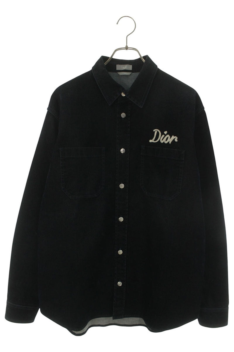 DIOR 22AW Logo Embroidered Velvet Denim Long Sleeve Shirt Size XXL