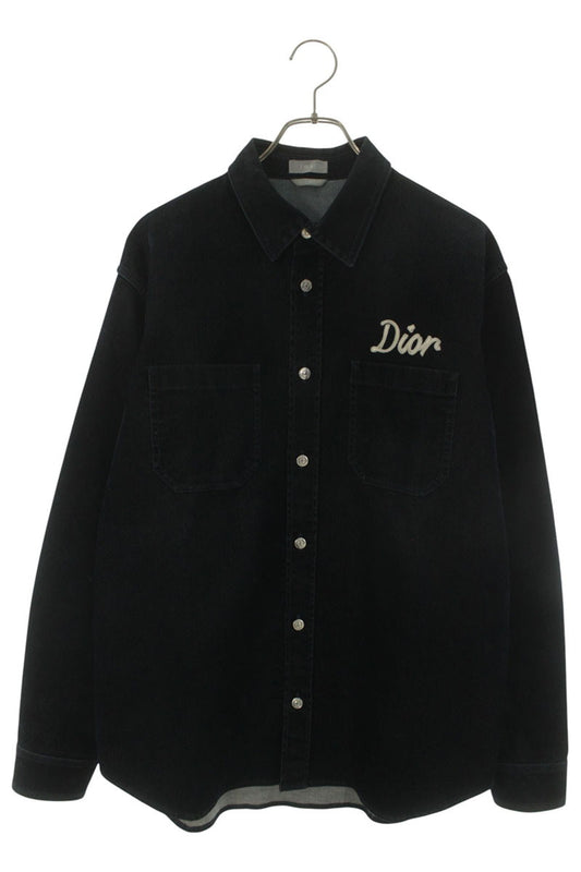 DIOR 22AW Logo Embroidered Velvet Denim Long Sleeve Shirt Size XXL