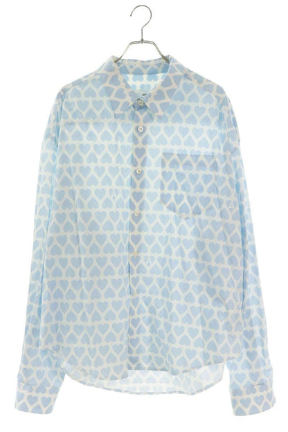 AMI Heart Pattern Boxy Fit Long Sleeve Shirt Light Blue Size XL