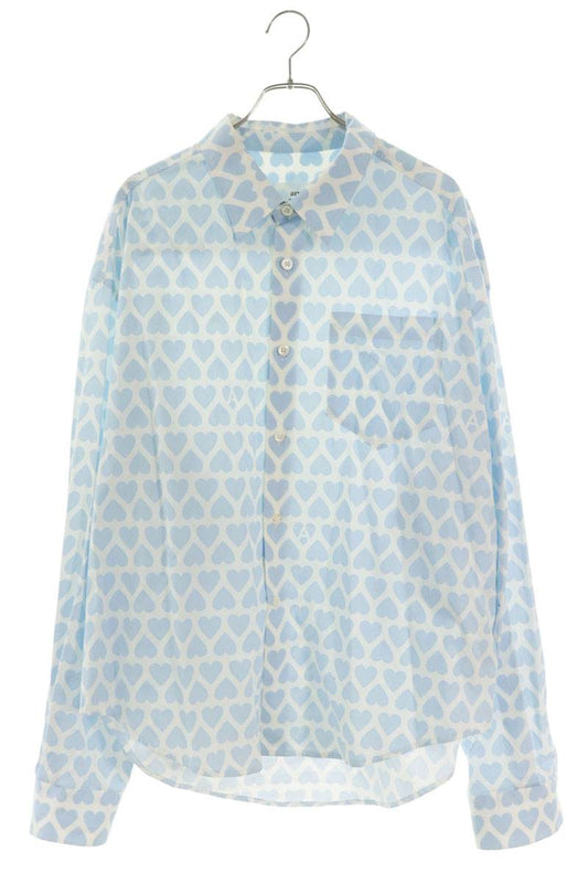 AMI Heart Pattern Boxy Fit Long Sleeve Shirt Light Blue Size XL