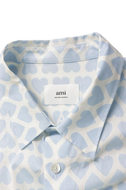 AMI Heart Pattern Boxy Fit Long Sleeve Shirt Light Blue Size XL