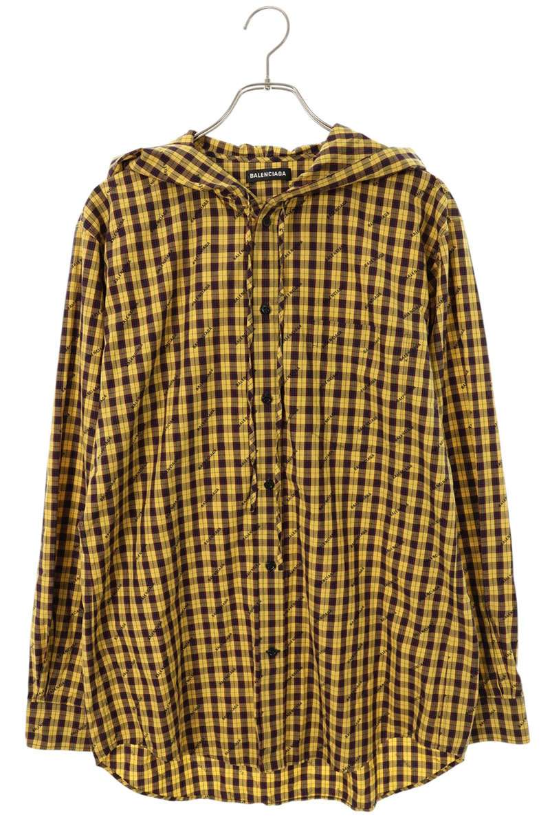 BALENCIAGA Logo Hooded Check Long Sleeve Shirt Yellow Size XXL