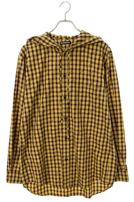 BALENCIAGA Logo Hooded Check Long Sleeve Shirt Yellow Size XXL