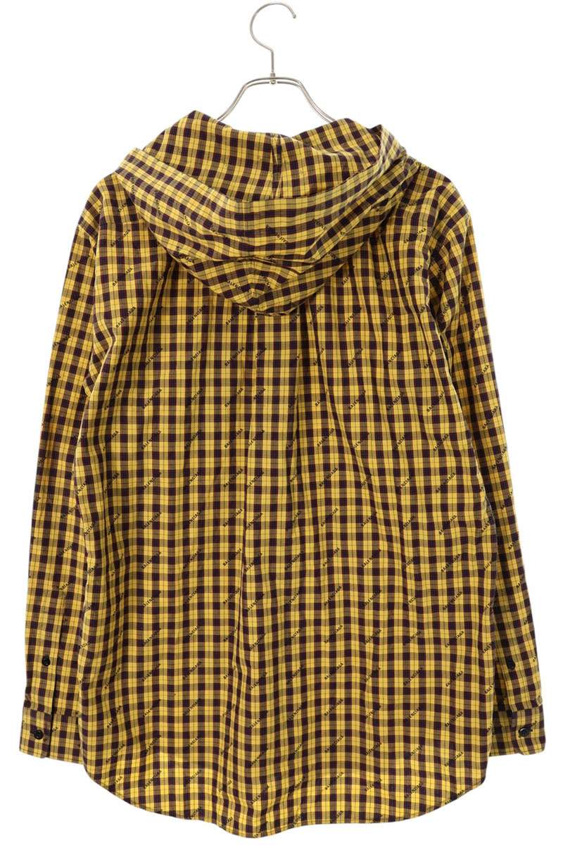 BALENCIAGA Logo Hooded Check Long Sleeve Shirt Yellow Size XXL