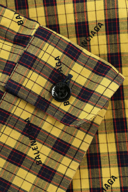 BALENCIAGA Logo Hooded Check Long Sleeve Shirt Yellow Size XXL