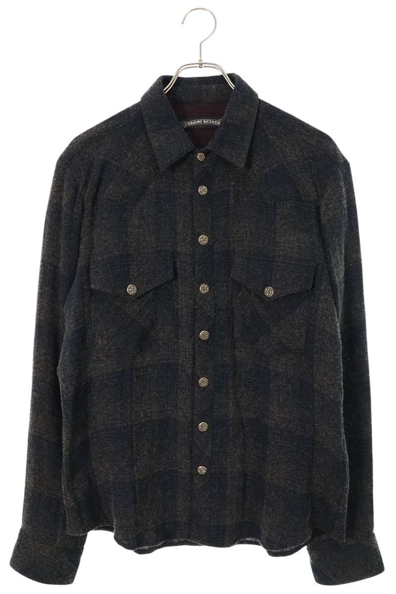 Chrome Hearts Cross Patch Wool Check Long Sleeve Shirt Size M