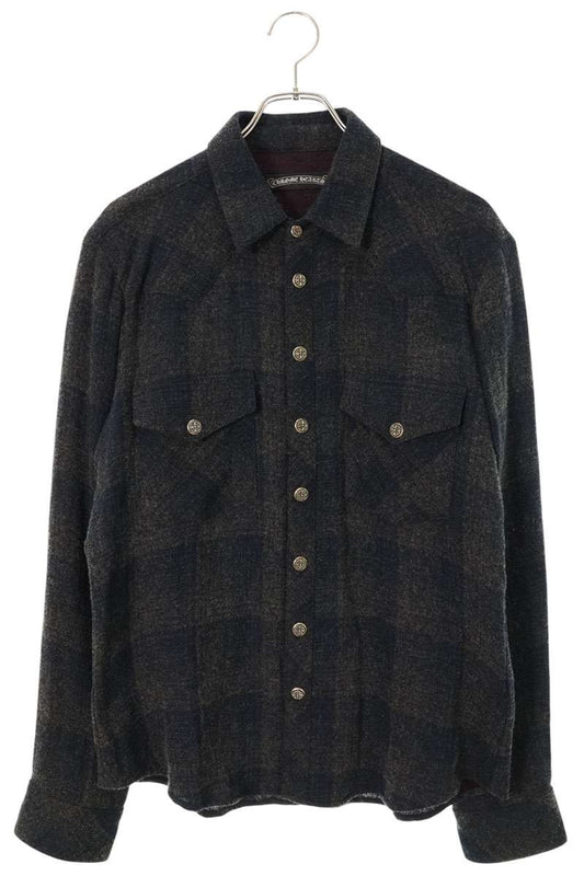 Chrome Hearts Cross Patch Wool Check Long Sleeve Shirt Size M