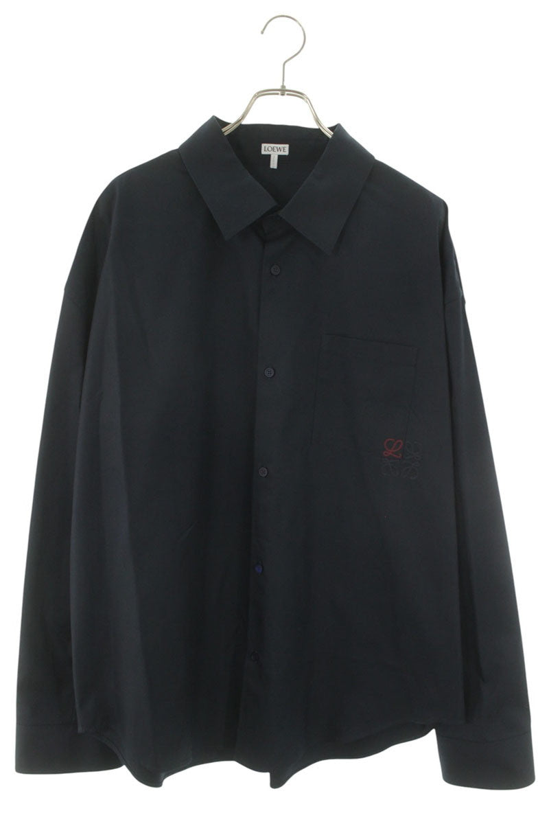LOEWE 26SS Cotton Anagram Embroidered Long Sleeve Shirt Navy Size XS