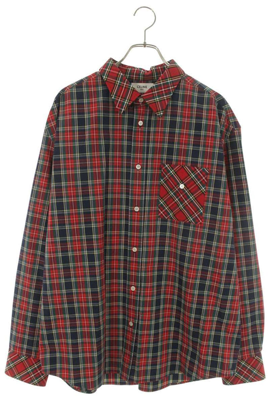 CELINE Tartan Check Long-Sleeve Shirt Red Navy Size S