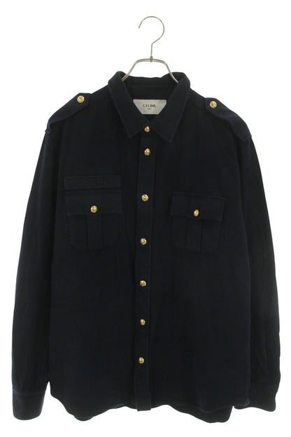 CELINE Triomphe Button Cotton Wool Long Sleeve Shirt Navy Size S