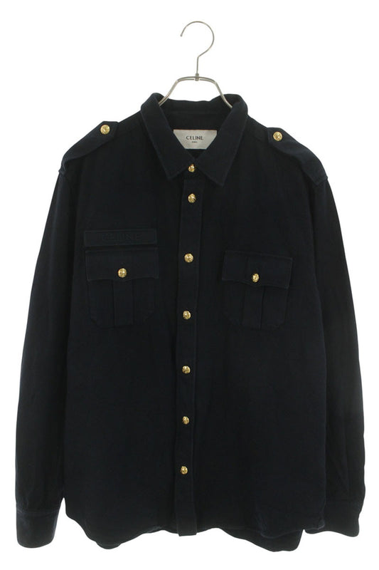 CELINE Triomphe Button Cotton Wool Long Sleeve Shirt Navy Size S