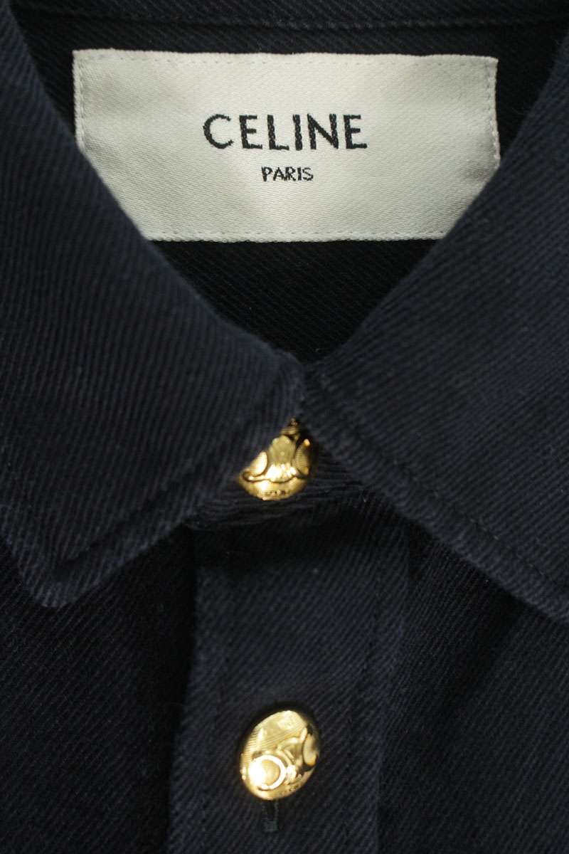 CELINE Triomphe Button Cotton Wool Long Sleeve Shirt Navy Size S