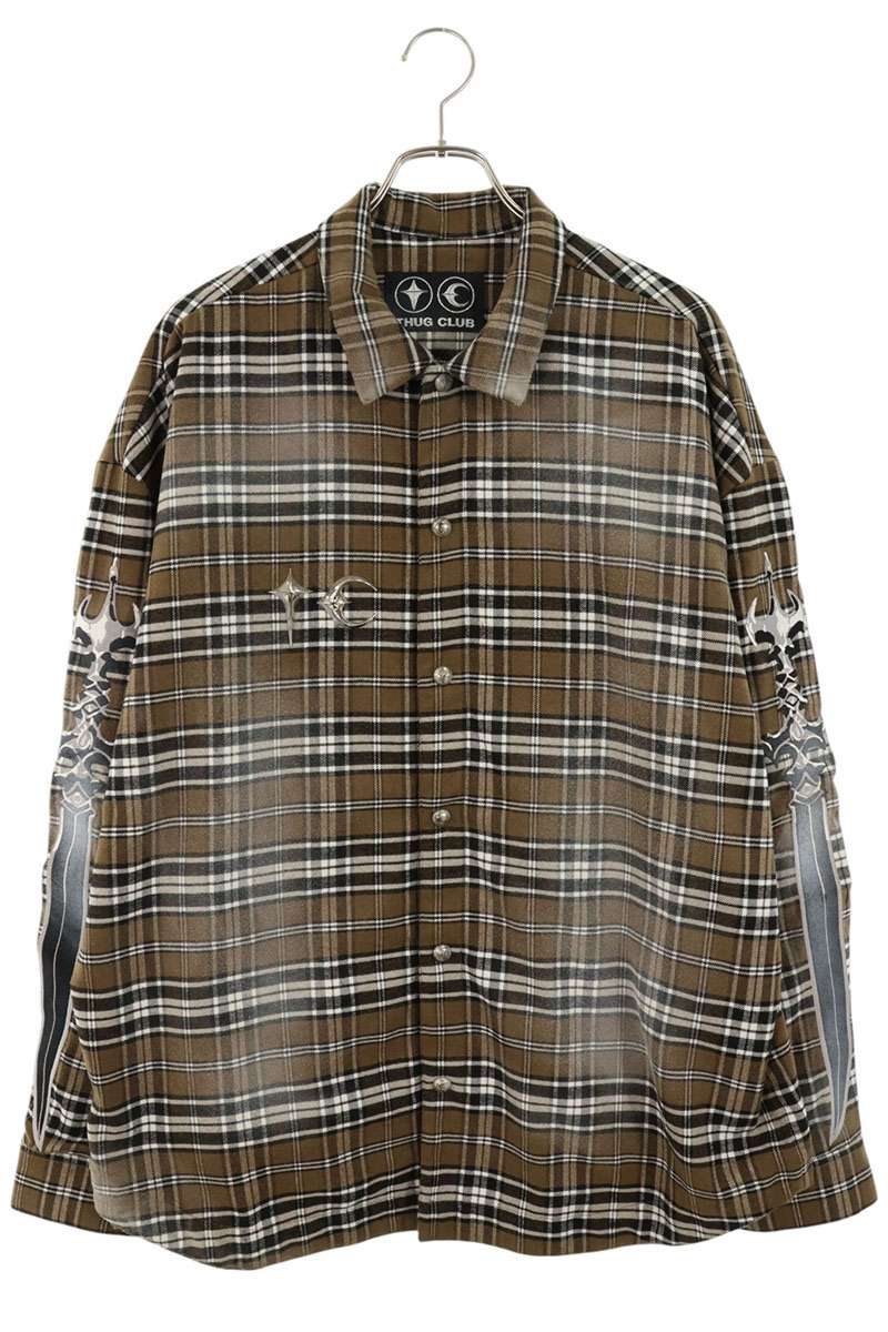 THUG CLUB Sword Flannel Check Long Sleeve Shirt Brown Multi Size L