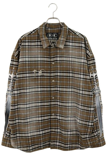 THUG CLUB Sword Flannel Check Long Sleeve Shirt Brown Multi Size L