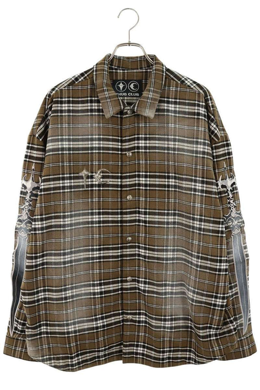 THUG CLUB Sword Flannel Check Long Sleeve Shirt Brown Multi Size L