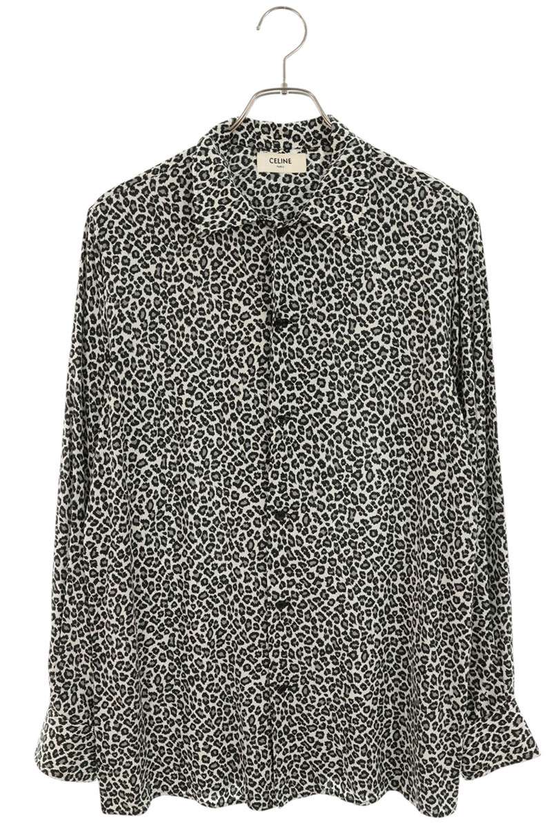 CELINE Leopard Hawaiian Rayon Long Sleeve Shirt White Multi Size XXL