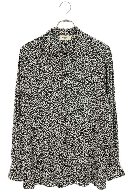 CELINE Leopard Hawaiian Rayon Long Sleeve Shirt White Multi Size XXL